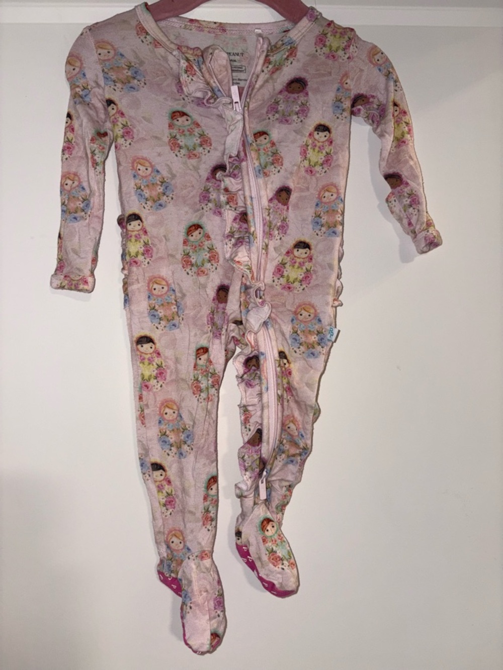 Posh Peanut Pink Doll Print Ruffle Zip Footed Bamboo One-Piece